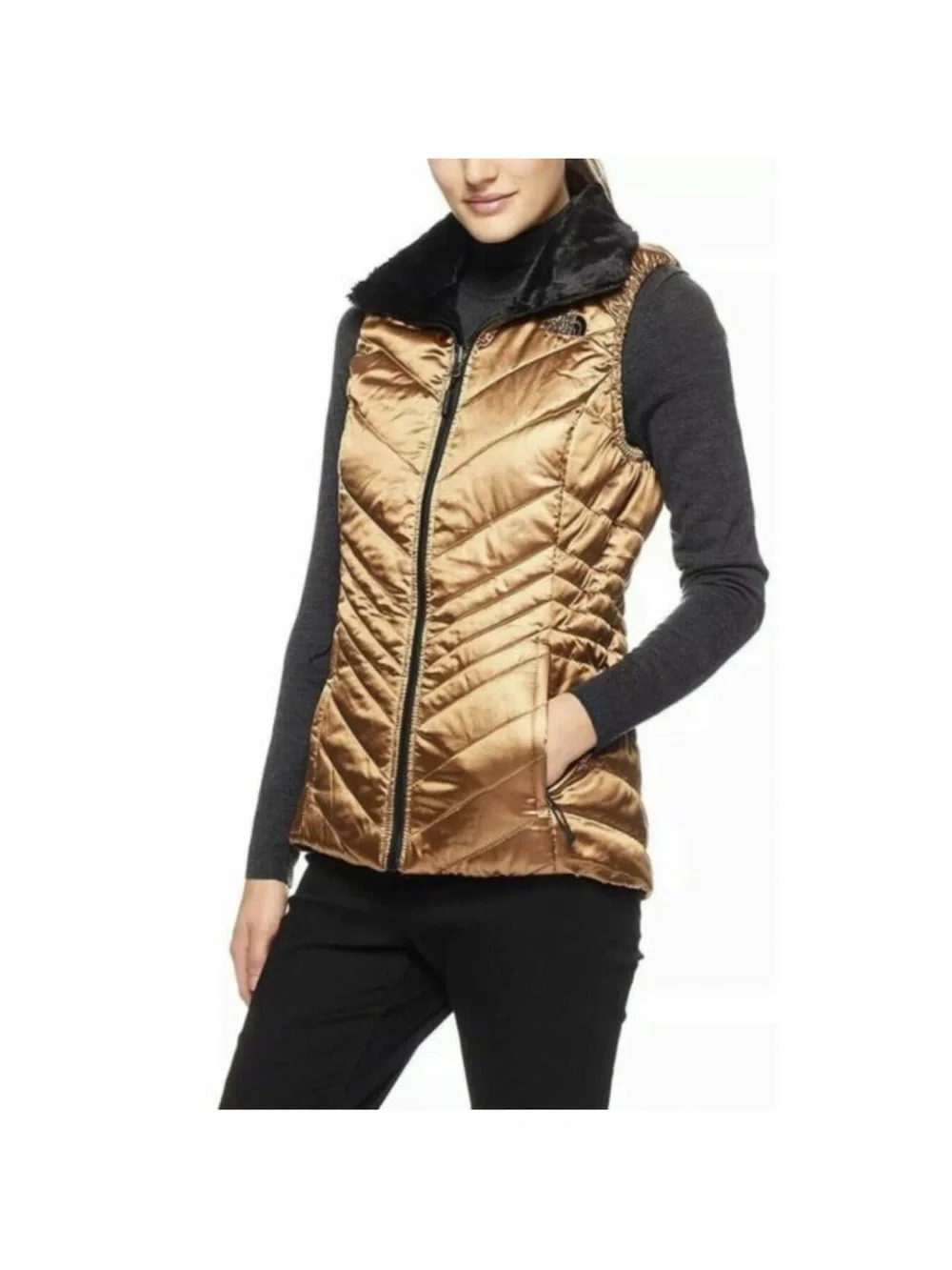 The North Face Metallic Bronze Faux Fur Quilted Vest | Size Small